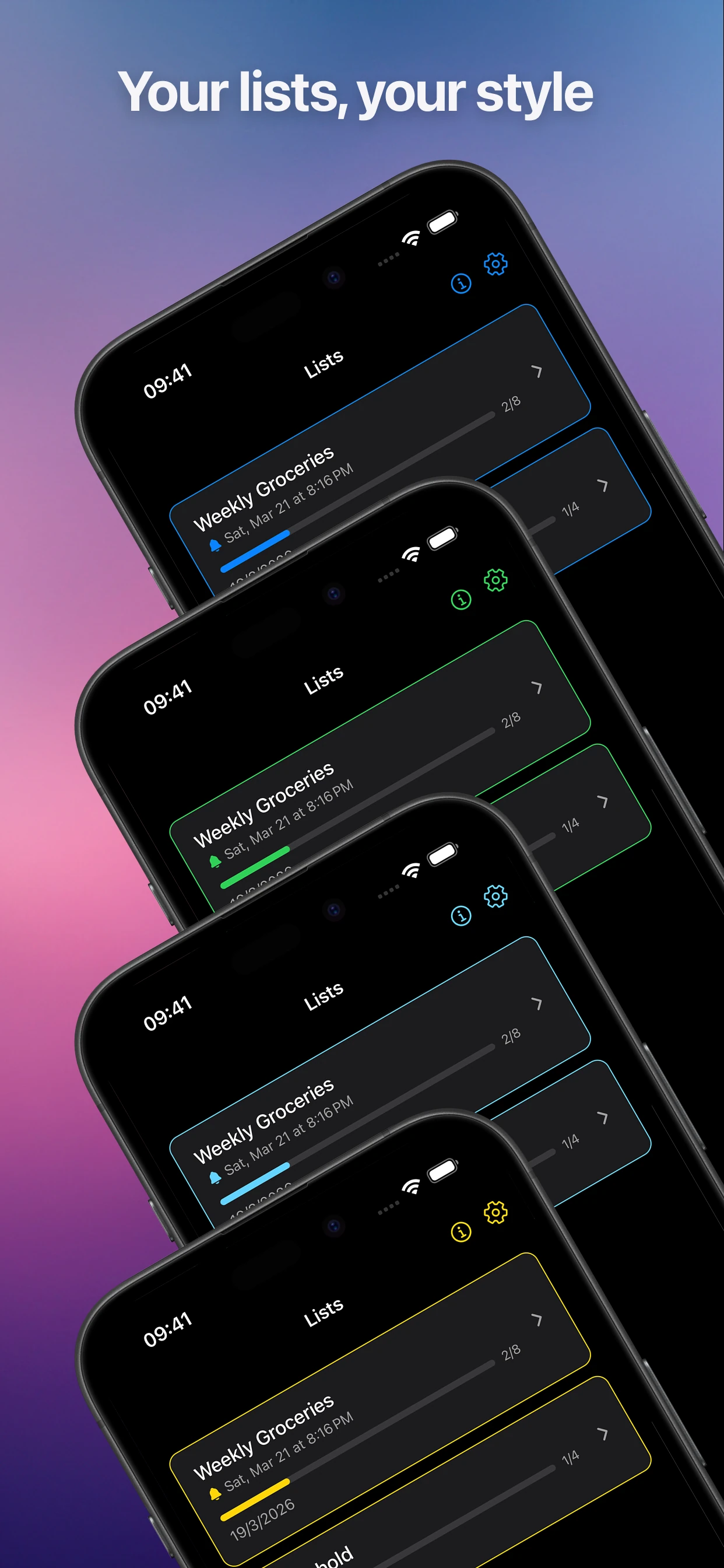 Lystro lists screen shown in several accent colors