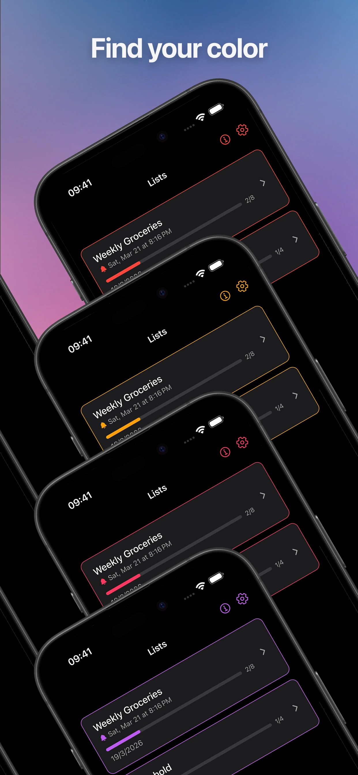 Accent color options: red, yellow, pink and purple