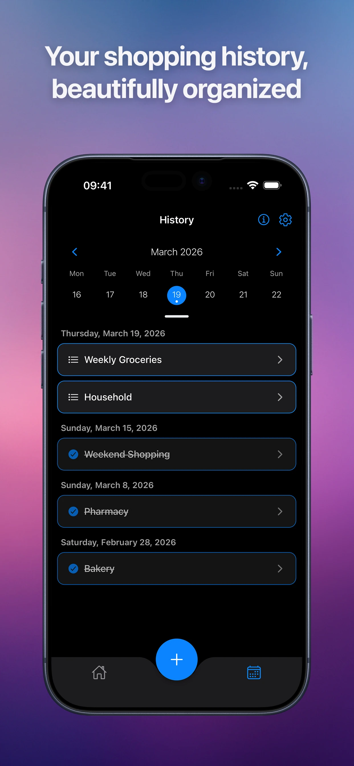 History screen with a calendar and past shopping lists grouped by date